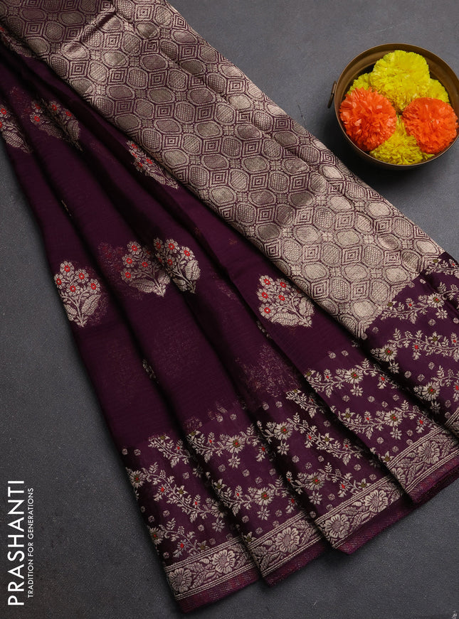 Silk kota saree wine shade with allover thread & zari woven floral buttas and zari woven border