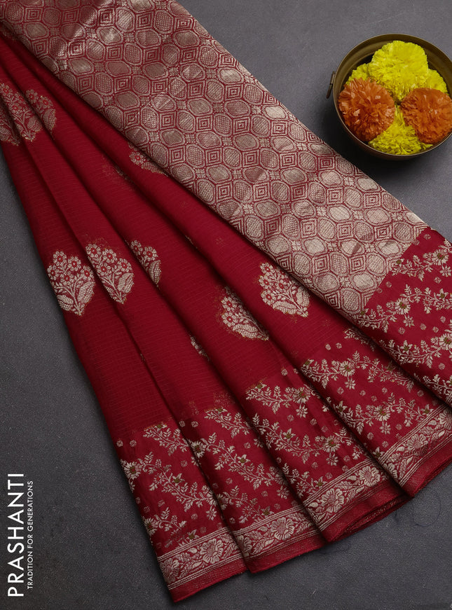 Silk kota saree red with allover thread & zari woven floral buttas and zari woven border