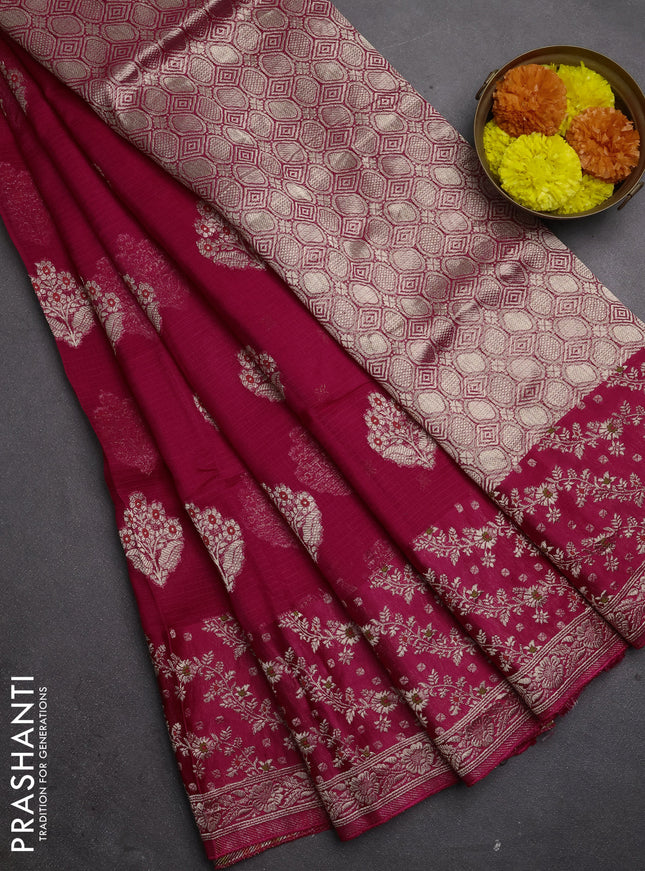 Silk kota saree pink with allover thread & zari woven floral buttas and zari woven border