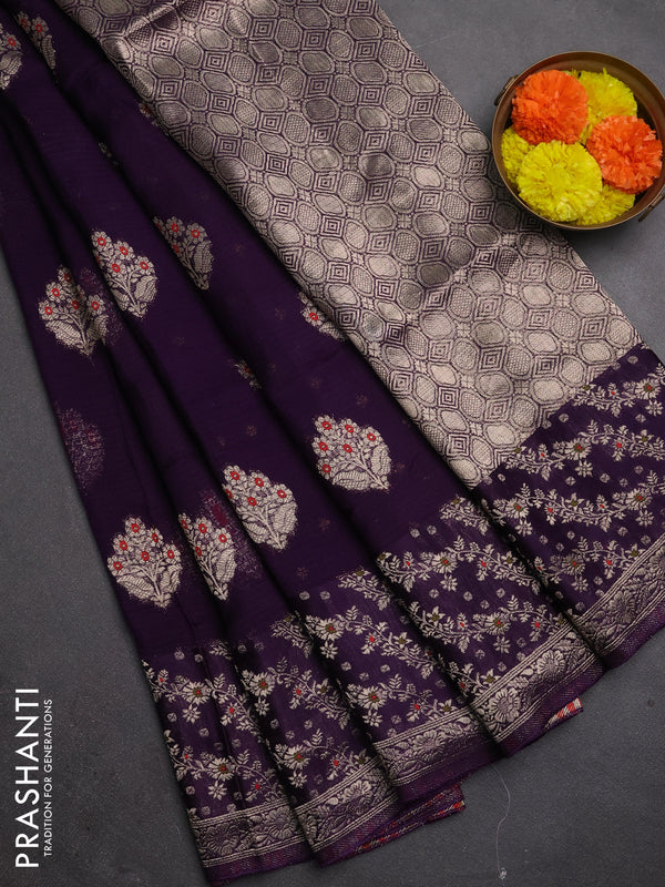 Silk kota saree deep violet with allover thread & zari woven floral buttas and zari woven border