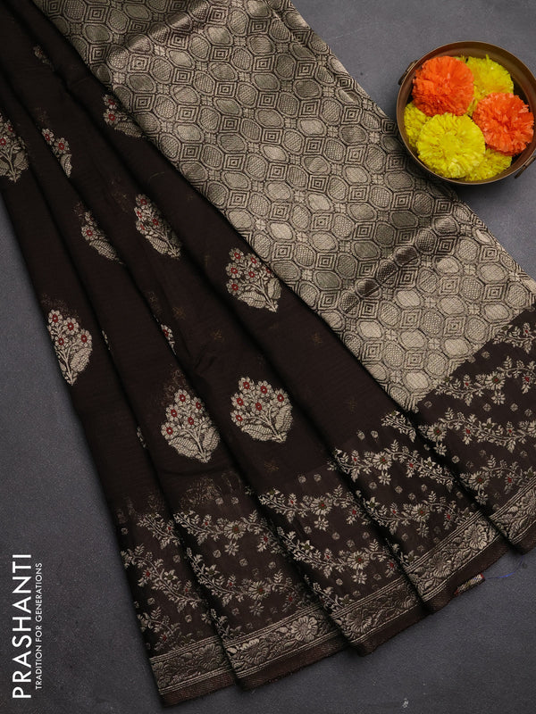 Silk kota saree coffee brown with allover thread & zari woven floral buttas and zari woven border