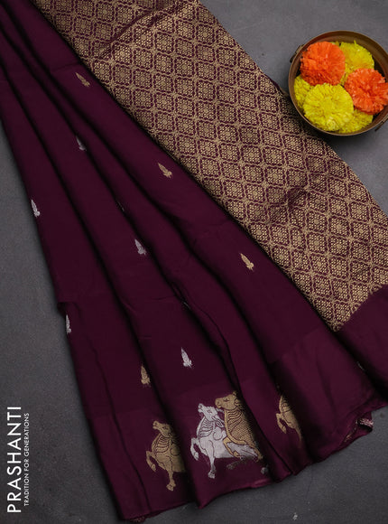 Silk kota saree wine shade with silver & gold zari woven buttas and pichwai zari woven butta border