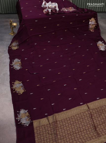 Silk kota saree wine shade with silver & gold zari woven buttas and pichwai zari woven butta border
