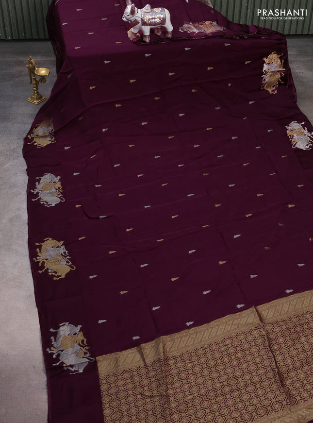 Silk kota saree wine shade with silver & gold zari woven buttas and pichwai zari woven butta border
