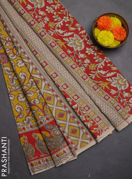 Kalamkari cotton saree mustard yellow and red with allover prints and printed border