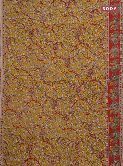 Kalamkari cotton saree mustard yellow and red with allover prints and printed border