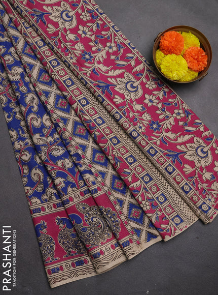 Kalamkari cotton saree blue and pink with allover prints and printed border
