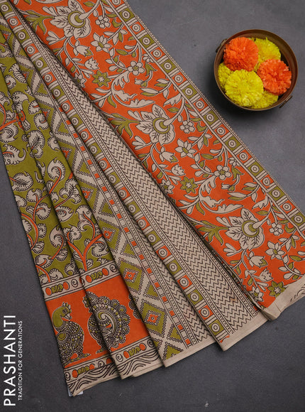 Kalamkari cotton saree mehendi green and orange with allover prints and printed border