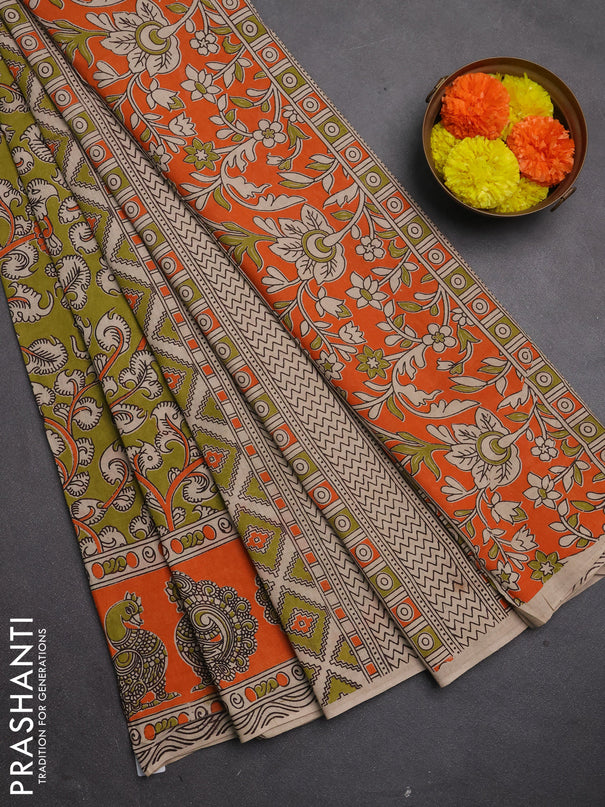 Kalamkari cotton saree mehendi green and orange with allover prints and printed border