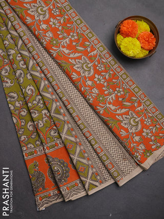 Kalamkari cotton saree mehendi green and orange with allover prints and printed border