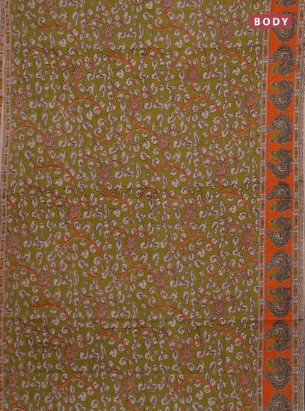 Kalamkari cotton saree mehendi green and orange with allover prints and printed border