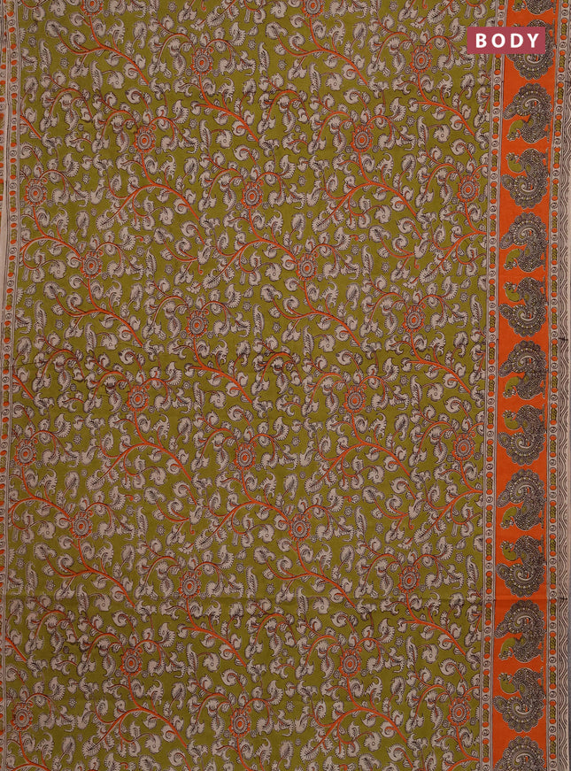 Kalamkari cotton saree mehendi green and orange with allover prints and printed border