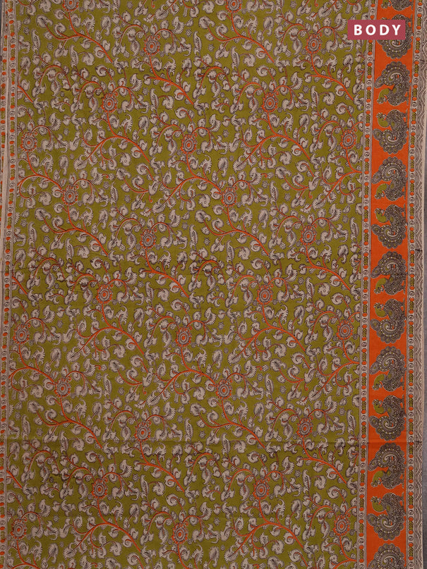 Kalamkari cotton saree mehendi green and orange with allover prints and printed border