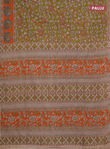 Kalamkari cotton saree mehendi green and orange with allover prints and printed border