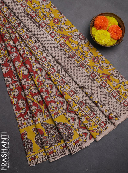 Kalamkari cotton saree maroon and yellow with allover prints and printed border