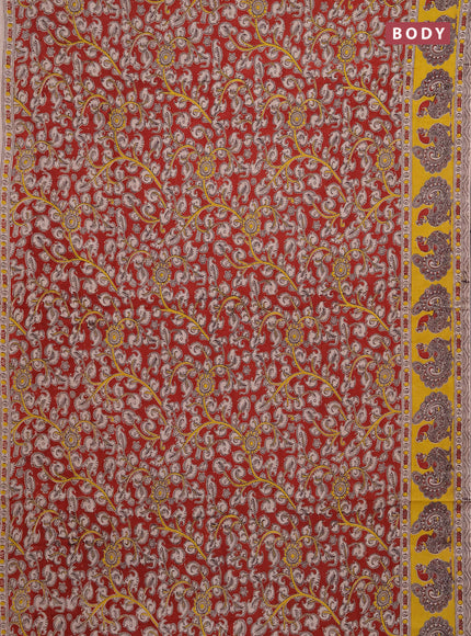 Kalamkari cotton saree maroon and yellow with allover prints and printed border