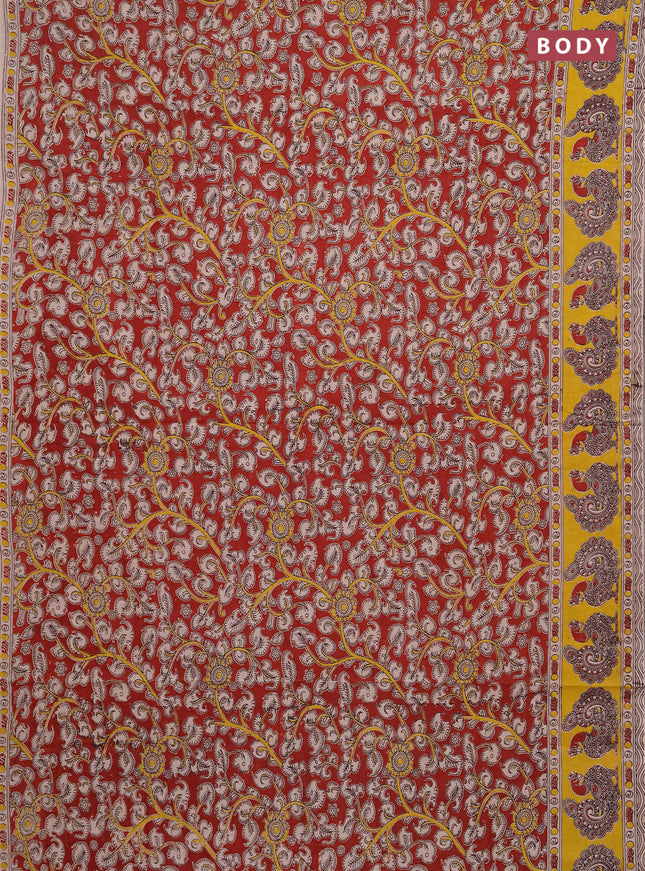 Kalamkari cotton saree maroon and yellow with allover prints and printed border