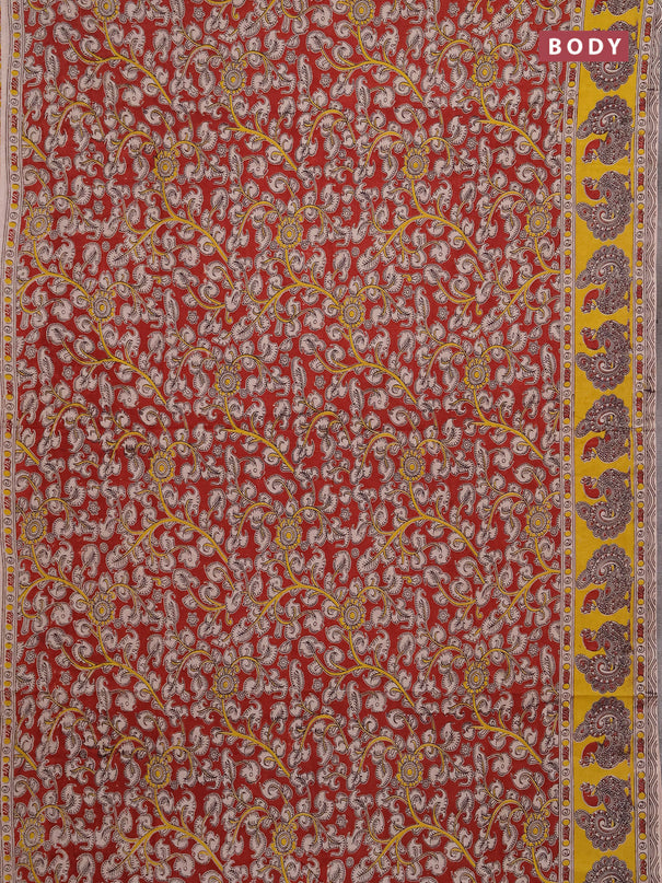 Kalamkari cotton saree maroon and yellow with allover prints and printed border