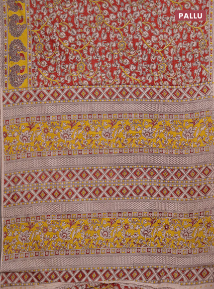 Kalamkari cotton saree maroon and yellow with allover prints and printed border