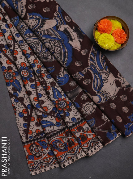 Kalamkari cotton saree beige and orange with allover prints and printed border