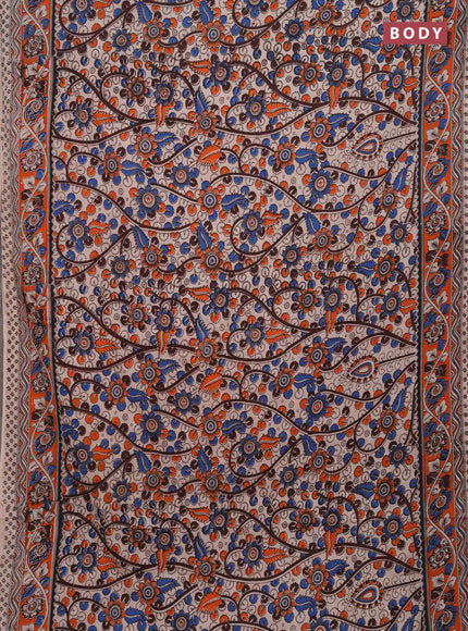 Kalamkari cotton saree beige and orange with allover prints and printed border