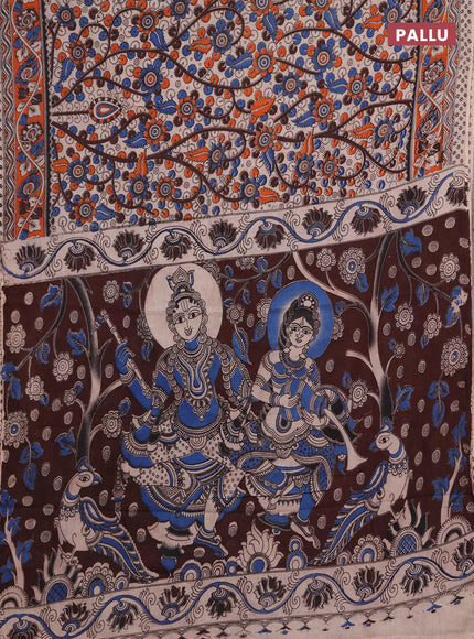 Kalamkari cotton saree beige and orange with allover prints and printed border