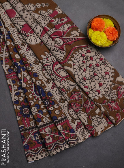 Kalamkari cotton saree coffee brown and pink with allover prints and printed border