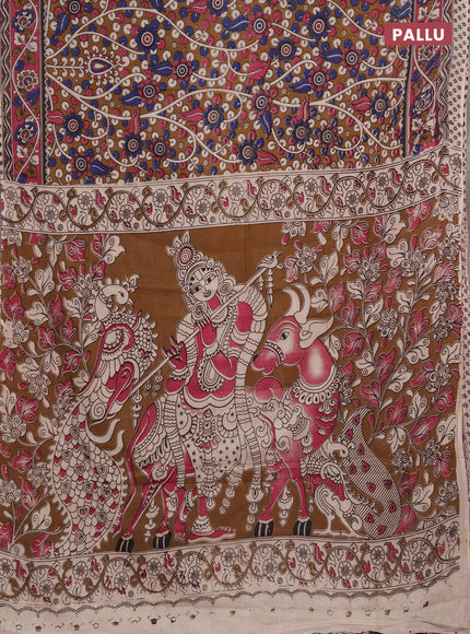Kalamkari cotton saree coffee brown and pink with allover prints and printed border
