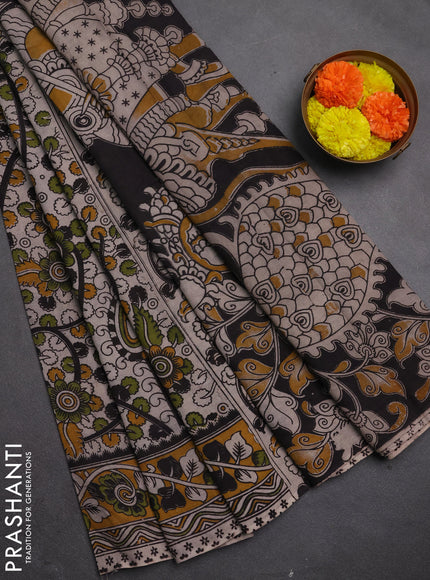 Kalamkari cotton saree grey and mustard yellow with allover prints and printed border