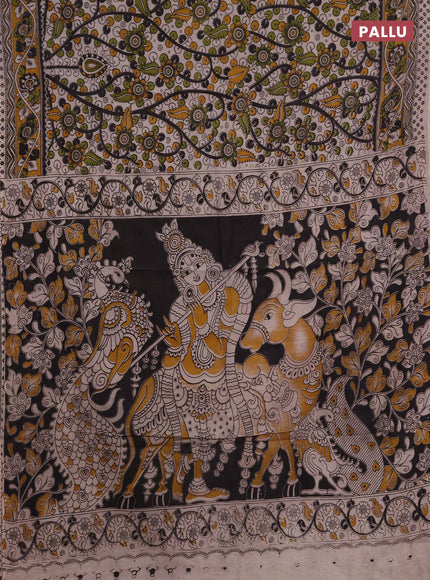 Kalamkari cotton saree grey and mustard yellow with allover prints and printed border