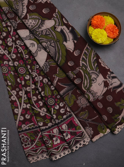 Kalamkari cotton saree coffee brown and magenta pink with allover prints and printed border