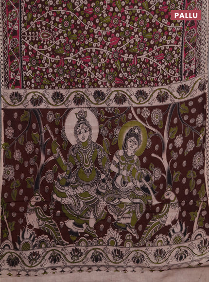 Kalamkari cotton saree coffee brown and magenta pink with allover prints and printed border
