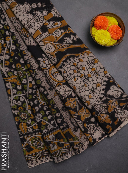 Kalamkari cotton saree black and mustard yellow with allover prints and printed border