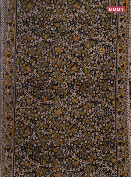 Kalamkari cotton saree black and mustard yellow with allover prints and printed border