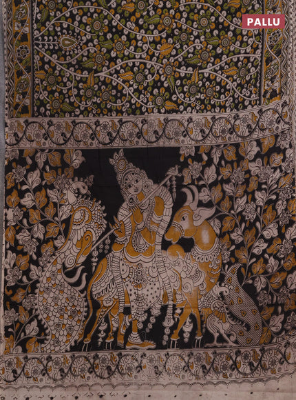 Kalamkari cotton saree black and mustard yellow with allover prints and printed border