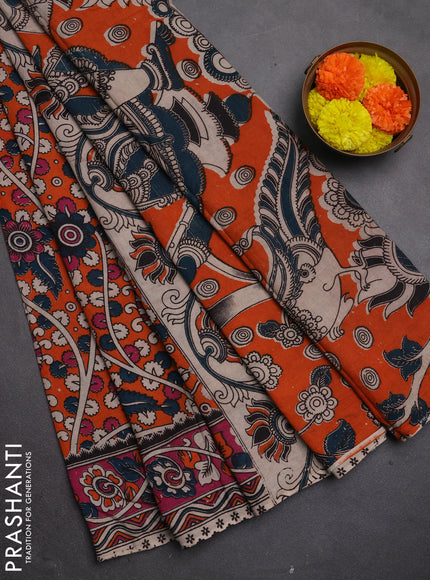 Kalamkari cotton saree orange and pink with allover prints and printed border