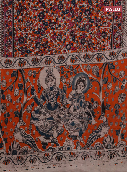 Kalamkari cotton saree orange and pink with allover prints and printed border