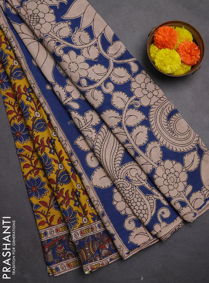 Kalamkari cotton saree yellow and blue with allover prints and printed border