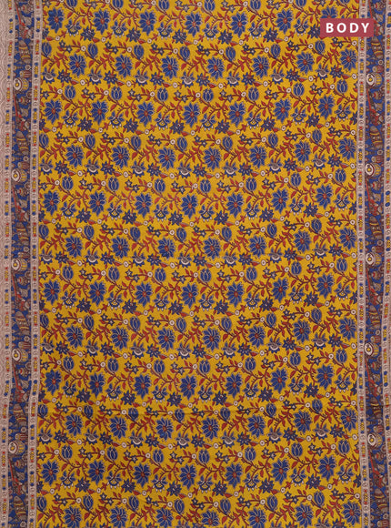Kalamkari cotton saree yellow and blue with allover prints and printed border
