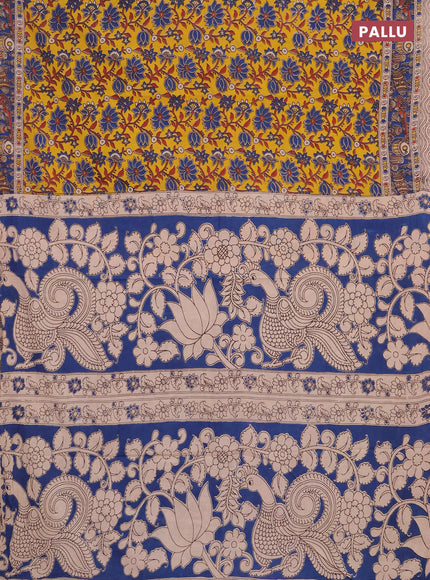 Kalamkari cotton saree yellow and blue with allover prints and printed border