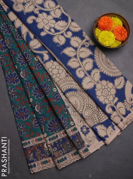Kalamkari cotton saree green and blue with allover prints and printed border