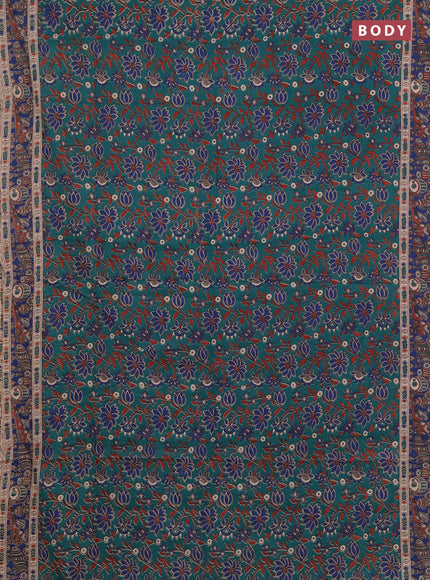 Kalamkari cotton saree green and blue with allover prints and printed border