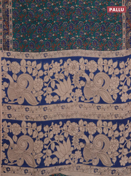 Kalamkari cotton saree green and blue with allover prints and printed border