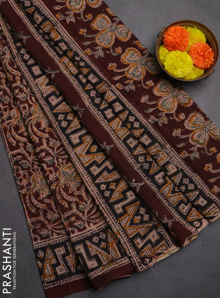 Kalamkari cotton saree maroon and black with allover prints and printed border