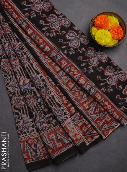 Kalamkari cotton saree black and maroon with allover prints and printed border