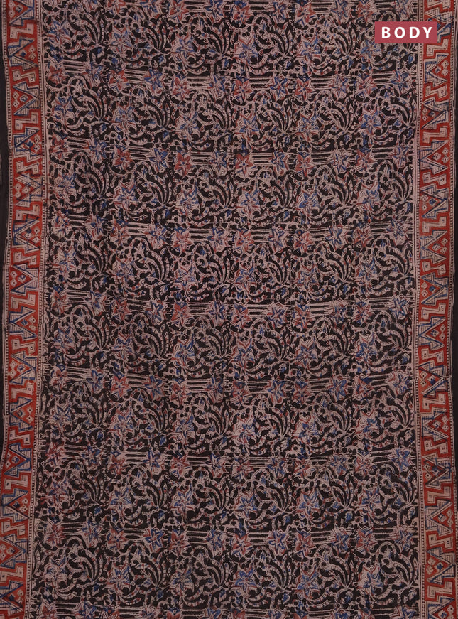 Kalamkari cotton saree black and maroon with allover prints and printed border