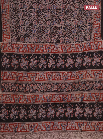 Kalamkari cotton saree black and maroon with allover prints and printed border