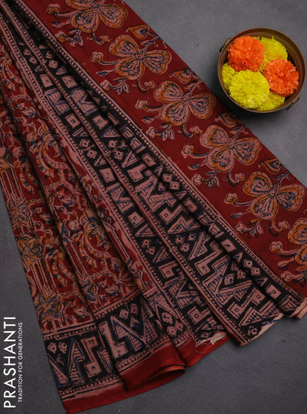 Kalamkari cotton saree maroon and black with allover prints and printed border