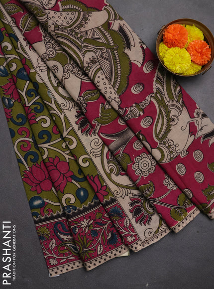 Kalamkari cotton saree sap green and pink with allover prints and printed border
