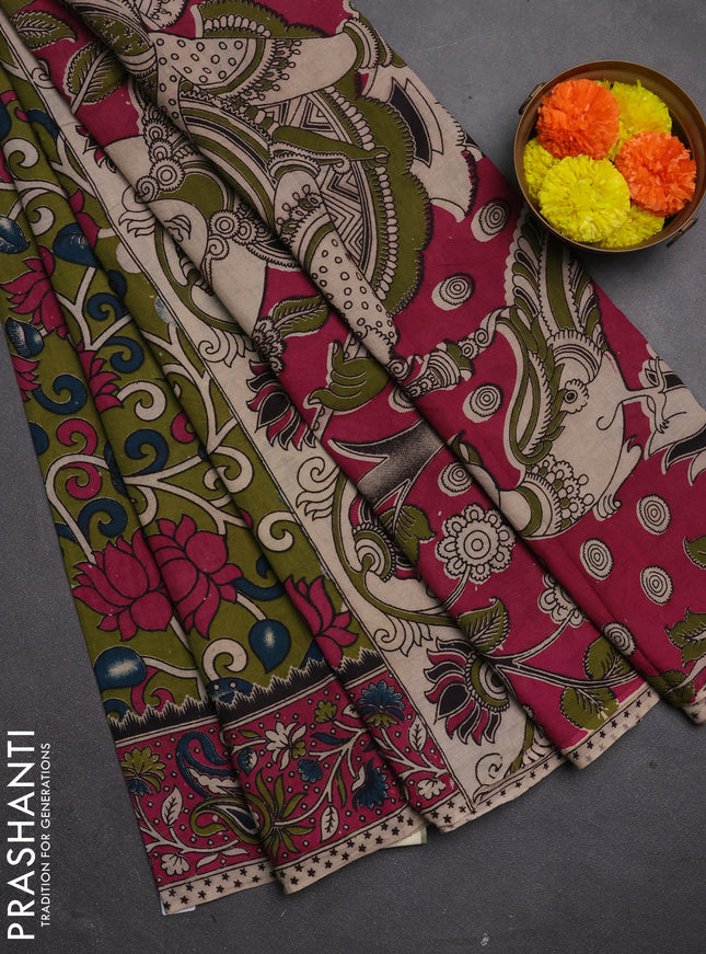 Kalamkari cotton saree sap green and pink with allover prints and printed border
